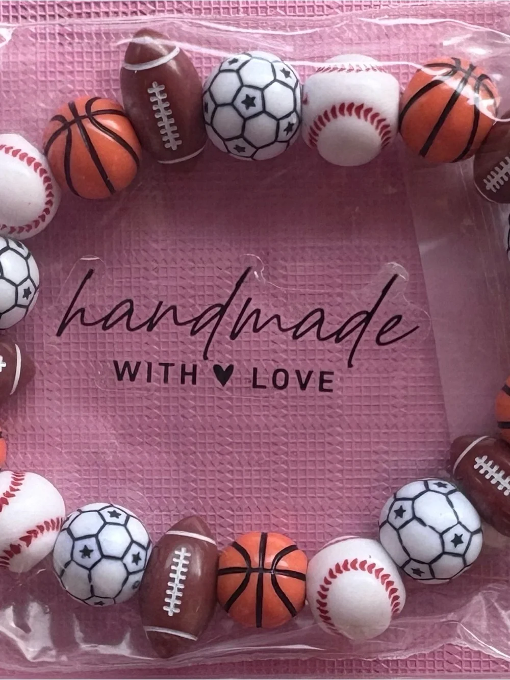 Handmade Kids Sports Beaded Bracelet - Pink with Multi-Sport Beads (Large)